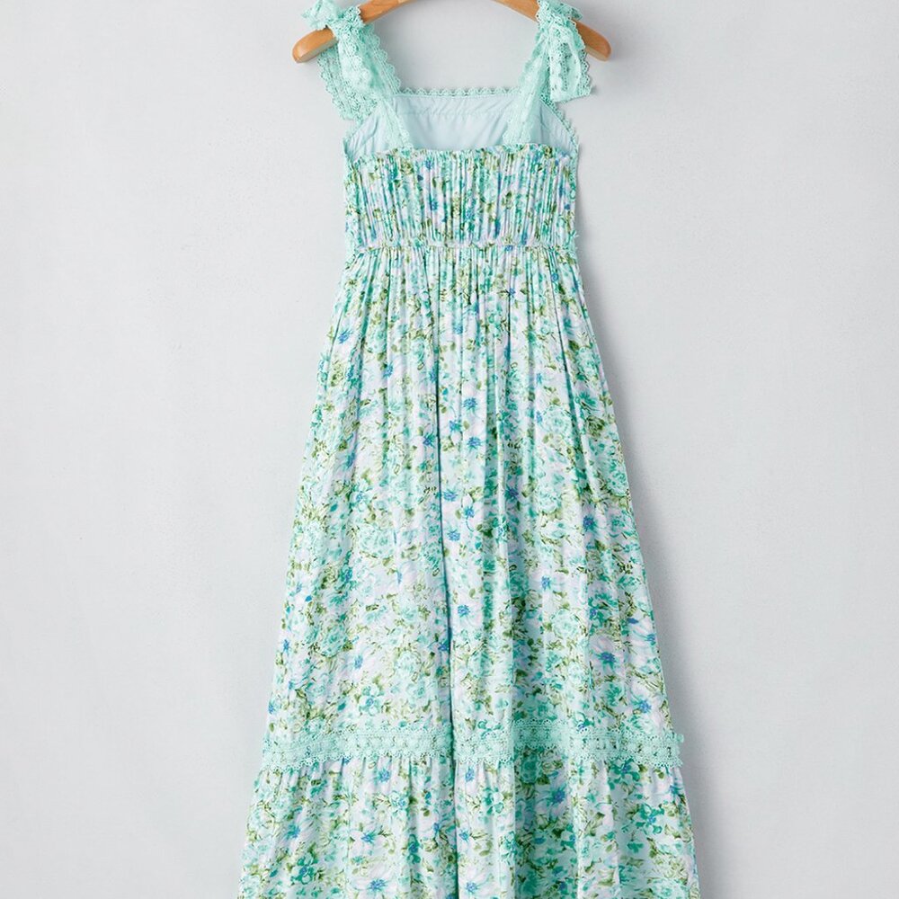B282 Green Floral Lace Tied Strap Empire Waist Maxi Dress - Picture 7 of 13